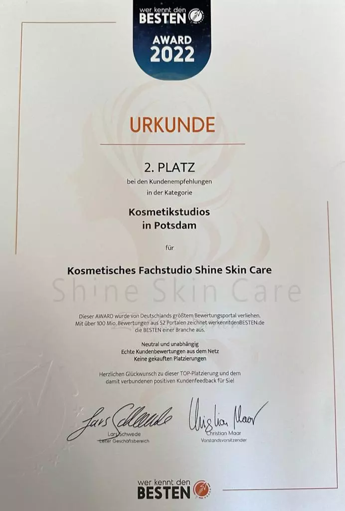 Urkunde - Shine Skin Care Potsdam